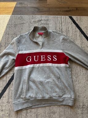 GUESS Gray Zip-Up Sweater with Red Logo Stripe